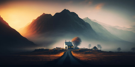 Ai generated illustration A lonely house in the countrysideの素材