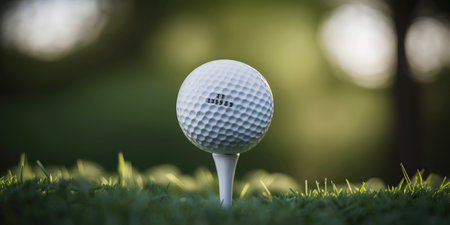 Ai generated illustration Golf ball on tee with grass and green blurred backgroundの素材