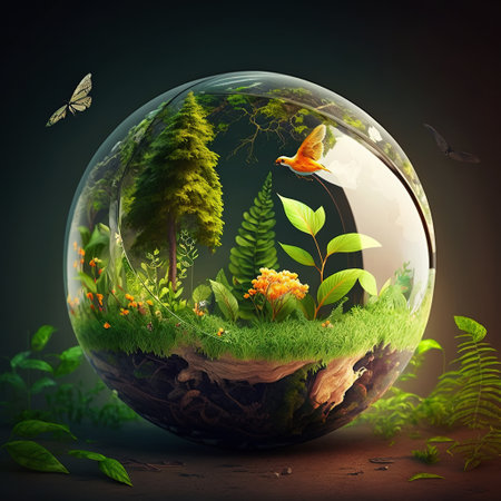 Ai generated illustration earth day concept with glass globe and eco friendly environmentの素材