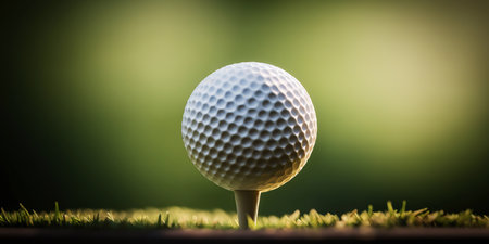 Ai generated illustration Golf ball on tee with grass and green blurred backgroundの素材