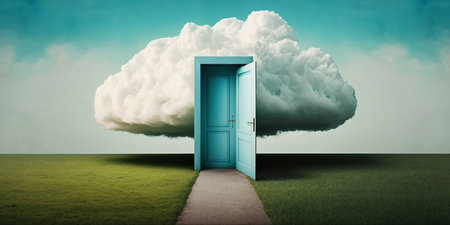 Ai generated illustration surreal fantasy cloud in front of a doorの素材