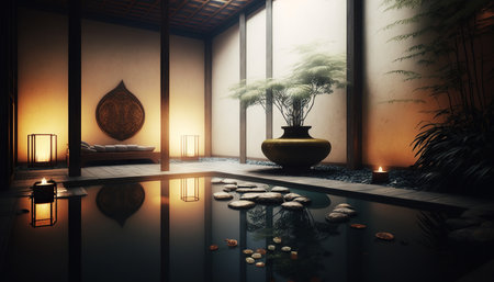 Ai generated illustration peaceful japanese stone and water gardenの素材