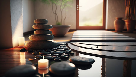 Ai generated illustration peaceful japanese stone and water gardenの素材
