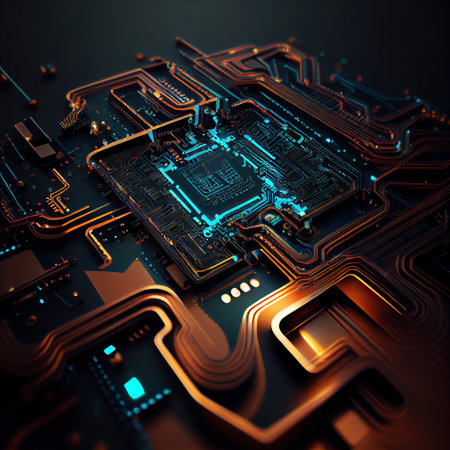 Ai generated illustration futuristic motherboard with neon lightsの素材