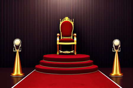 Ai generated illustration luxury royal chair on podium with red carpetの素材