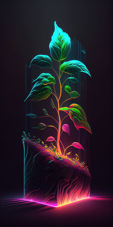 Ai generated illustration plant growth neon light, Business investment growth concept.の素材