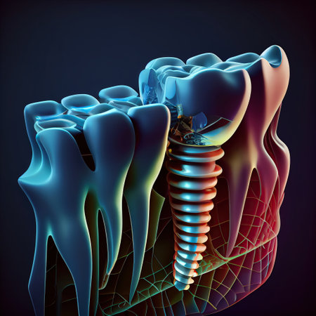 Ai generated illustration Anatomy of healthy teeth and tooth dental implant in human denturaの素材