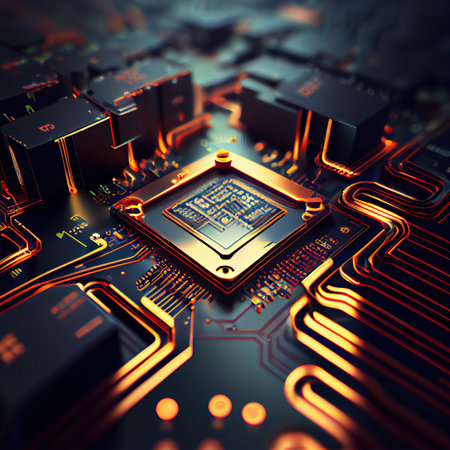 Ai generated illustration futuristic motherboard with neon lightsの素材