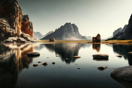 Ai generated illustration relaxing background ,tranquil peaceful lake mountain landscapeの素材