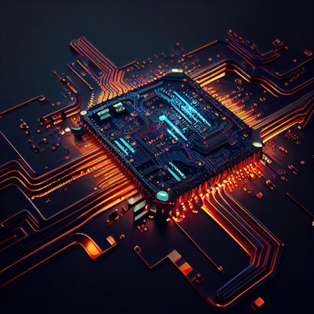 Ai generated illustration futuristic motherboard with neon lightsの素材