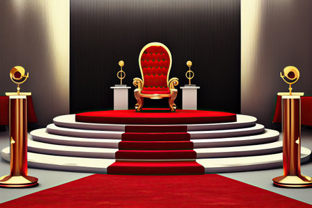 Ai generated illustration luxury royal chair on podium with red carpetの素材