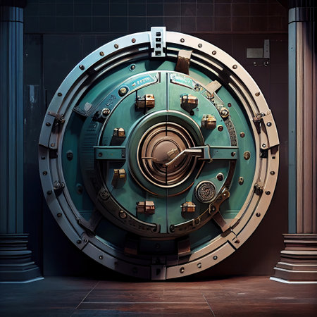 Ai generated illustration Bank vault door. Metal steel round gateの素材