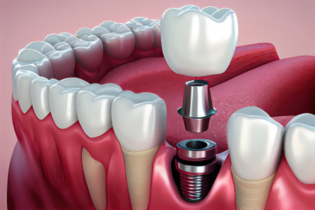 Ai generated illustration Anatomy of healthy teeth and tooth dental implant in human denturaの素材