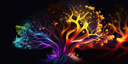 Ai generated illustration neon multicolored tree with rootの素材
