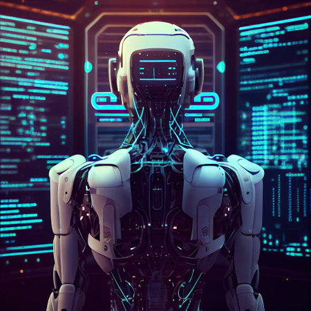 Ai generated illustration cyborg rear view looking at holographic touch screenの素材