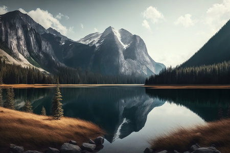 Ai generated illustration relaxing background ,tranquil peaceful lake mountain landscapeの素材