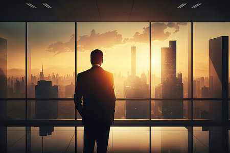 ai generated illustration Confident businessman watching city sunset through windowの素材