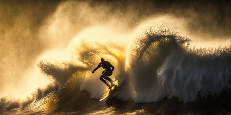ai generated illustration surfer is riding a large wave in the ocean beautiful sunriseの素材