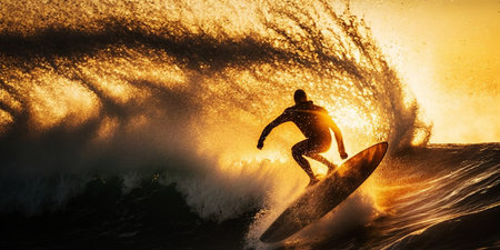 ai generated illustration surfer is riding a large wave in the ocean beautiful sunriseの素材