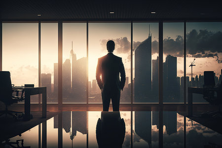 ai generated illustration Confident businessman watching city sunrise through windowの素材