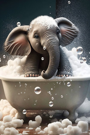 ai generated illustration  Cute funny blue baby elephant in the bathの素材