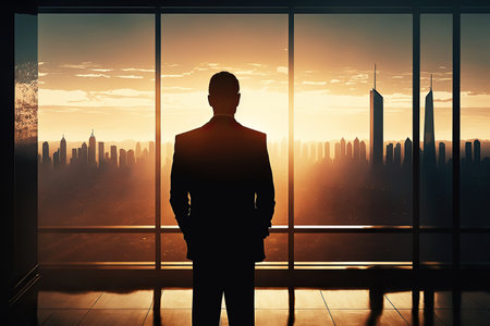 ai generated illustration Confident businessman watching city sunset through windowの素材