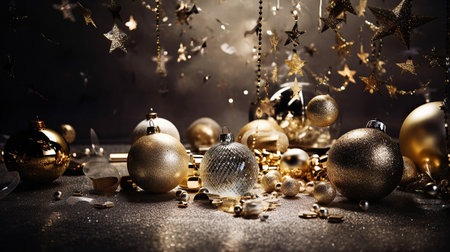 ai generated illustration gold color theme of christmas ornament hanging and on tableの素材