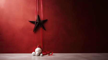 ai generated illustration christmas ornament star and ball agaist red wall with copy spaceの素材