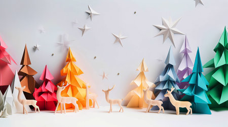 ai generated illustration origami christmas tree  and colofful reindeerの素材