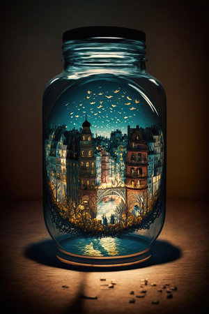 ai generated illustration Small Village inside a glass jarの素材
