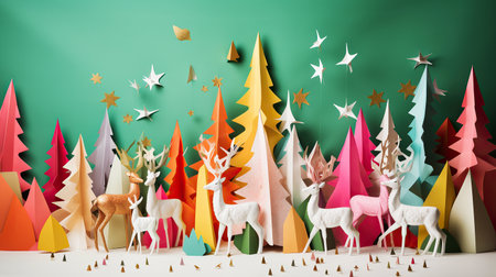 ai generated illustration origami christmas tree  and colofful reindeerの素材