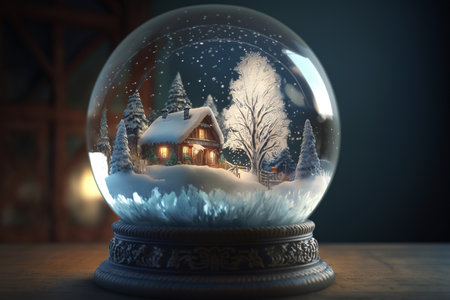 ai generated illustration glass snow ball globe with cabin and snowy landscape and treesの素材