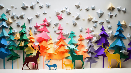 ai generated illustration origami christmas tree  and colofful reindeerの素材