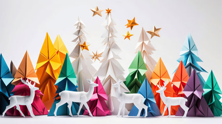 ai generated illustration origami christmas tree  and colofful reindeerの素材