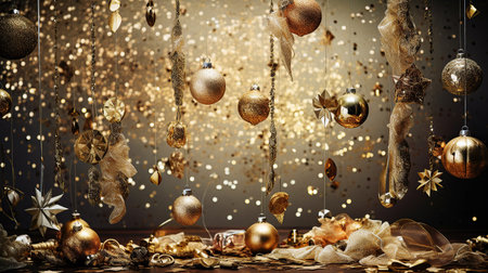 ai generated illustration gold color theme of christmas ornament hanging and on tableの素材