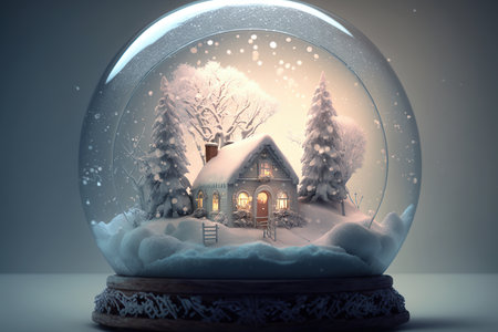 ai generated illustration glass snow ball globe with cabin and snowy landscape and treesの素材