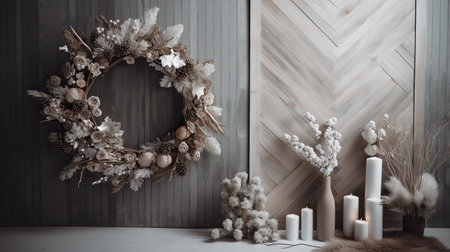 ai generated illustration christmas Wreath on the wall and art decor on the tableの素材