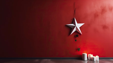 ai generated illustration christmas ornament star and candles agaist red wall with copy spaceの素材
