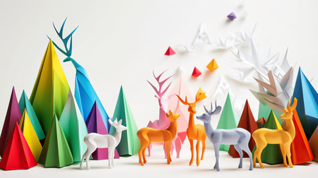 ai generated illustration origami christmas tree  and colofful reindeerの素材