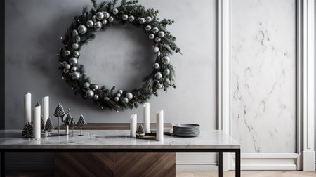ai generated illustration christmas Wreath on the wall and art decor on the tableの素材