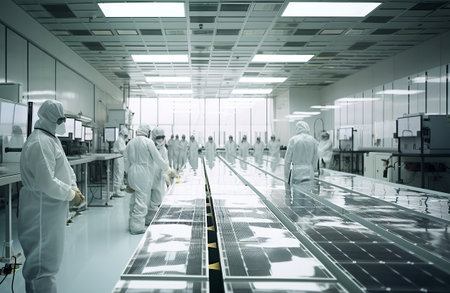 ai generated illustration Electronics manufacturing facility, workers assembling solar panel boardの素材