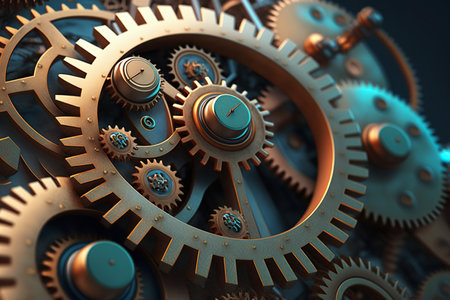 ai generated illustration Gold gear wheels of clockwork in dark surface.の素材