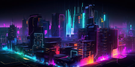ai generated  Illustration night city landscape concept. neon Light glowing on dark sceneの素材