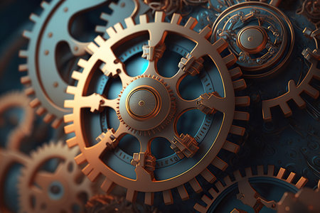 ai generated illustration Gold gear wheels of clockwork in dark surface.の素材