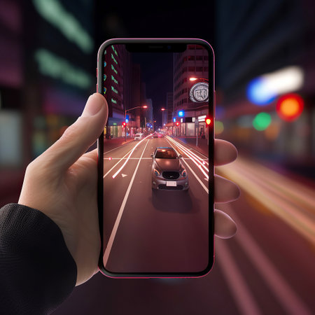 ai generated illustration Hand holding a mobile phone on a record night street sceneの素材