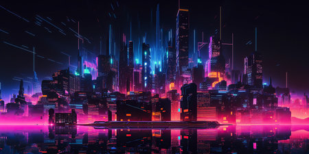 ai generated  Illustration night city landscape concept. neon Light glowing on dark sceneの素材