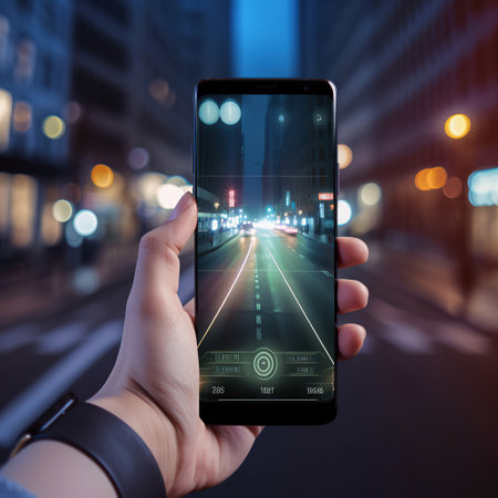 ai generated illustration Hand holding a mobile phone on a record night street sceneの素材