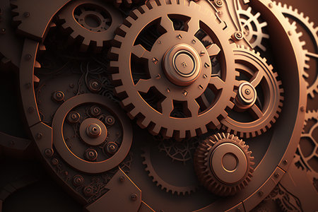 ai generated illustration Gold gear wheels of clockwork in dark surface.の素材