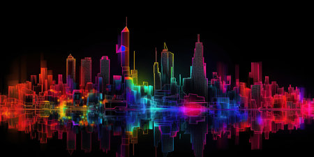 ai generated  Illustration night city landscape concept. neon Light glowing on dark sceneの素材
