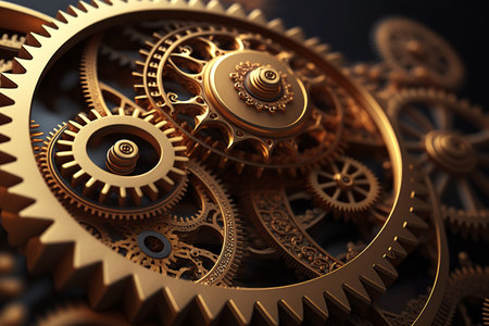 ai generated illustration Gold gear wheels of clockwork in dark surface.の素材